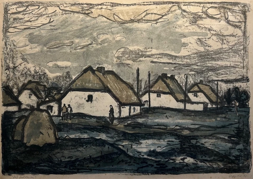 Lithografie Erhard Hippold Häuser in Neuendorf auf Hiddensee 61 x 77 cm - Bild 4 von 4
