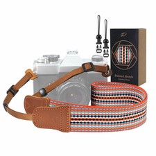 Striped Orange Camera Strap - 1.5" Soft Cotton Rope Weave Crazy Horse Cowhide...