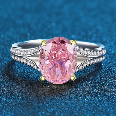 Certified 3.5ct Oval Lab Grown Pink Diamond Ring, 18K Gold Vermeil Split Shank