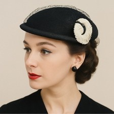 Vintage 50s Tilt Hat Black Cream Straw Close Style Fascinator Black Mesh Veil