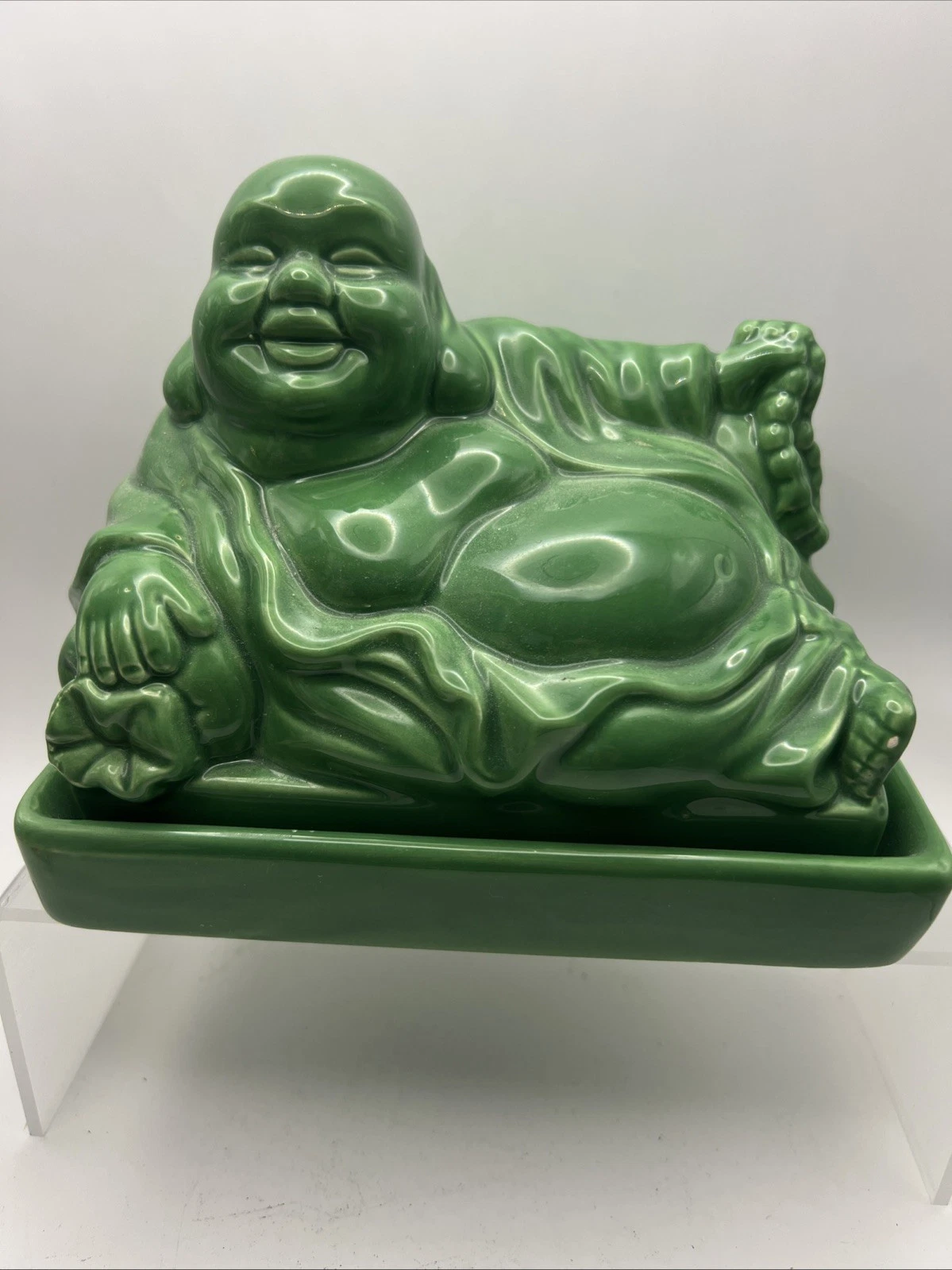 Jade Green Buddha Ceramic Butter Dish Reclining Laughing Buddha