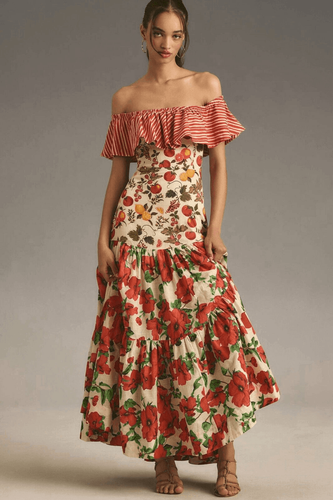 Anthropologie Maeve Off-the-Shoulder Mixed-Print Maxi Dress Large NEW