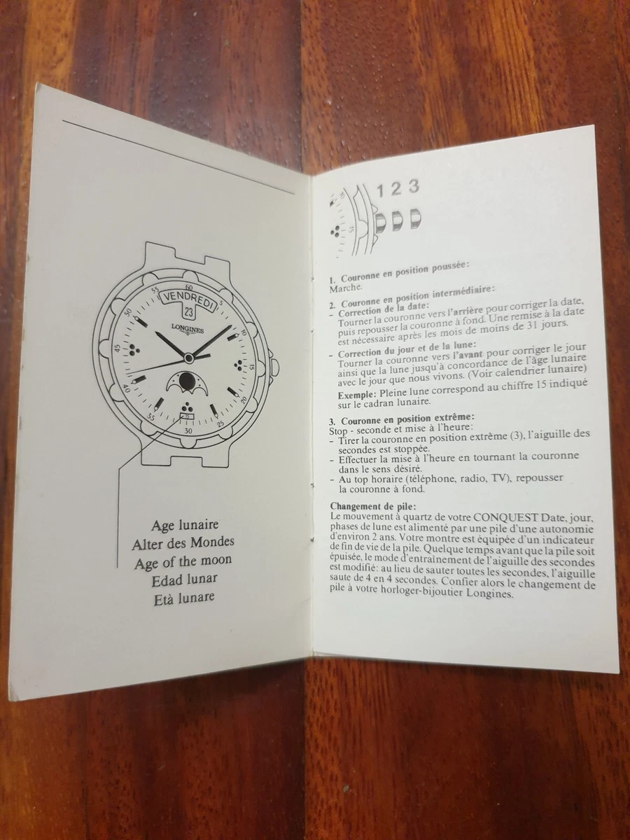 New old stock vintage Longines Conquest moon phase instructions manual, NOS, 90s