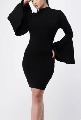BLACK MOCK NECK BODYCON DRESS WITH FLARED BELL SLEEVES SIZE SMALL