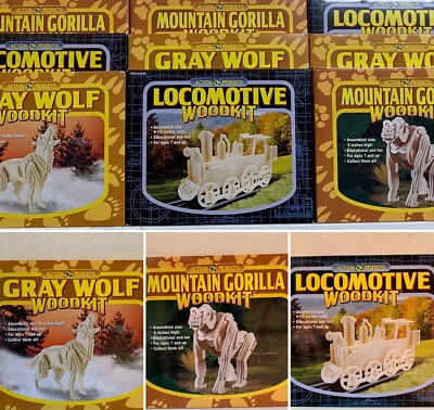 9 Pack: 3D Puzzled Woodcraft Construction Kit ~ Grey Wolf, Gorilla, Locomotive