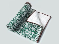 Indian Hand Block Printed Stitched Blanket Cotton Green Revers Baby Quilt US