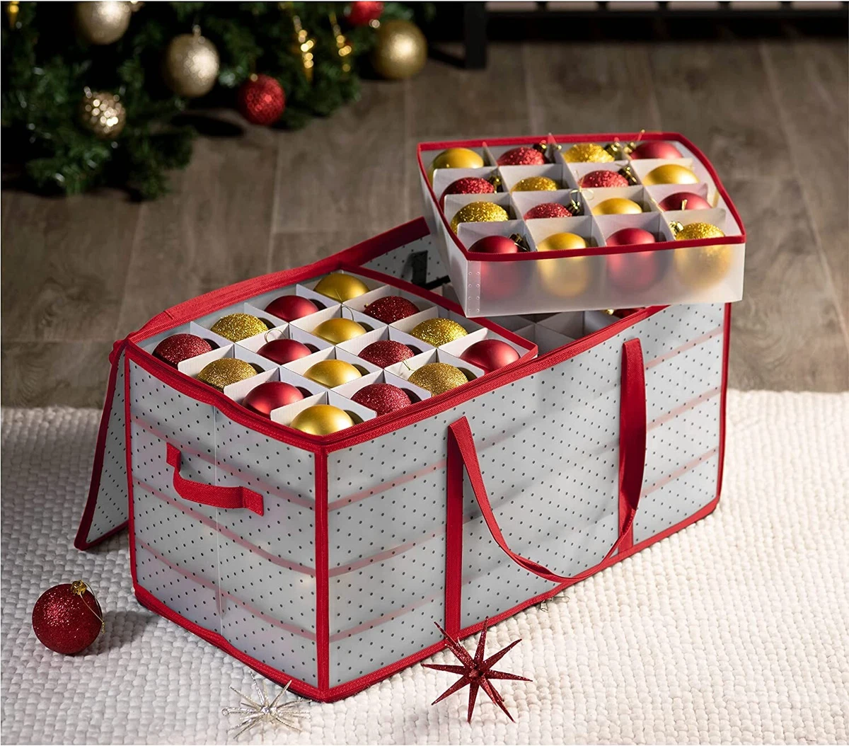 The Holiday Aisle Under Bed Christmas Ornament Storage Box Storage, Adjustable Dividers Stores Up to 128 Ornaments, Reinforced Handles for Easy Carry