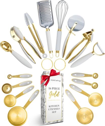 Styled Settings White and Gold Kitchen Utensils Set - 16 PC