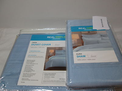 Real Simple Solutions LINEAR Blue Stripe Twin Duvet Cover & Euro Sham Set NEW
