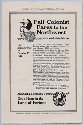 1911 Northern Pacific Railway Ad Fall Colonist Fares Northwest Settlers Land