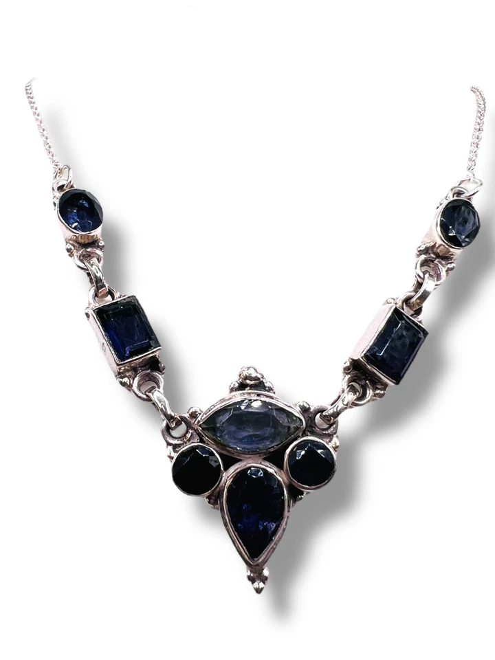 925 Sterling Silver Natural Iolite Blue Gemstone Bezel Set Necklace 16"  - Image 3 of 4