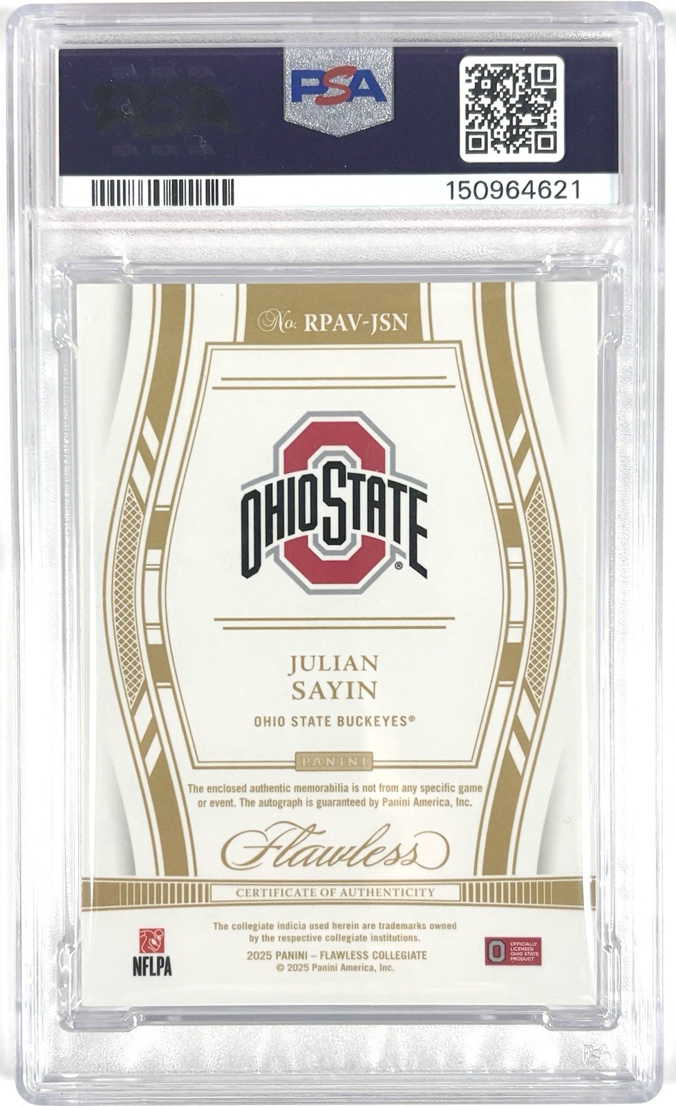 2025 Panini Flawless Collegiate Julian Sayin RPA Vertical PSA 8 Auto RC /25 view 2