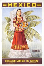 Mexico Tehuantepec Travel 1940s Poster Traditional Woman Fruit Wall Art