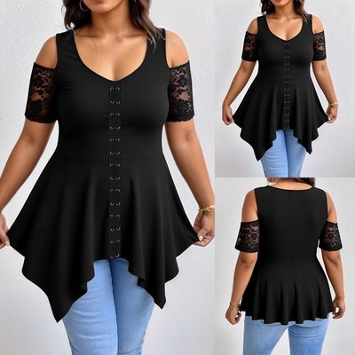 Übergröße Damen Gothic Party Bluse Spitzen Schultershirt V-Neck Kordelzug Tops