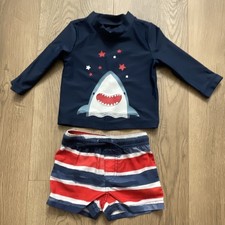 Carter's Shark Rash Guard Swim Shirt & Striped Trunks 6 Months Navy Red