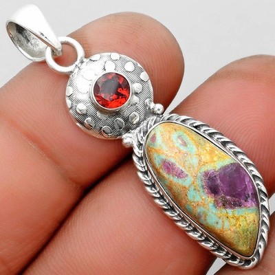 Natürlicher Rubin in Fuchsit & Granat 925 Sterling Silber Anhänger Schmuck P-1299