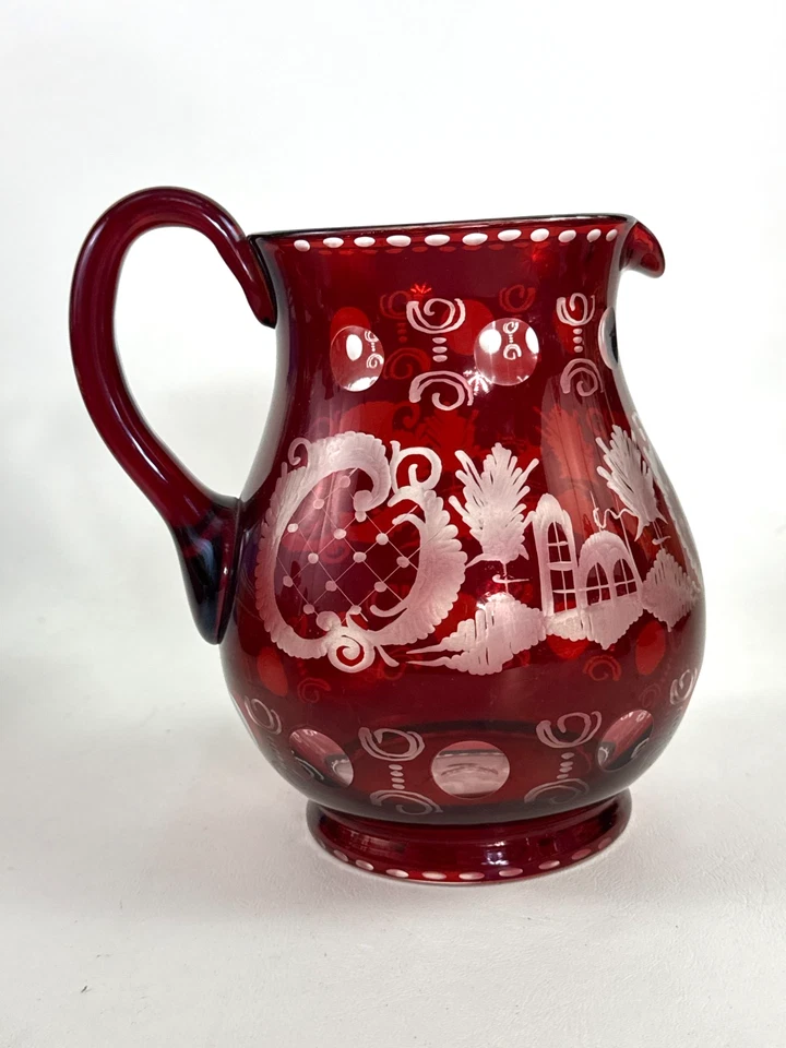 Antique Egermann ruby/clear glass pitcher STAG & CASTLE Czech Bohemian c.1920+ - Image 3 of 4