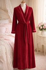Vintage 1970s Vanity Fair Cranberry Velour Wrap Robe Braided Trim Belted M L
