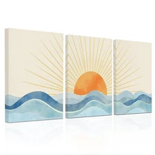 Boho Sun Ray Framed Canvas Wall Art Decor Set of 3, Neutral Geometric Sun Ris...