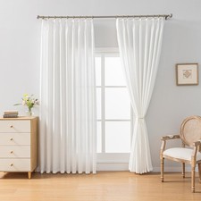 White Semi Sheer Curtains 108 inch Length for Living Room, Textured Linen Ble...