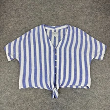 Rails Thea Pacifica Stripe Button Front Crop Tie Shirt Blue Womens Small S