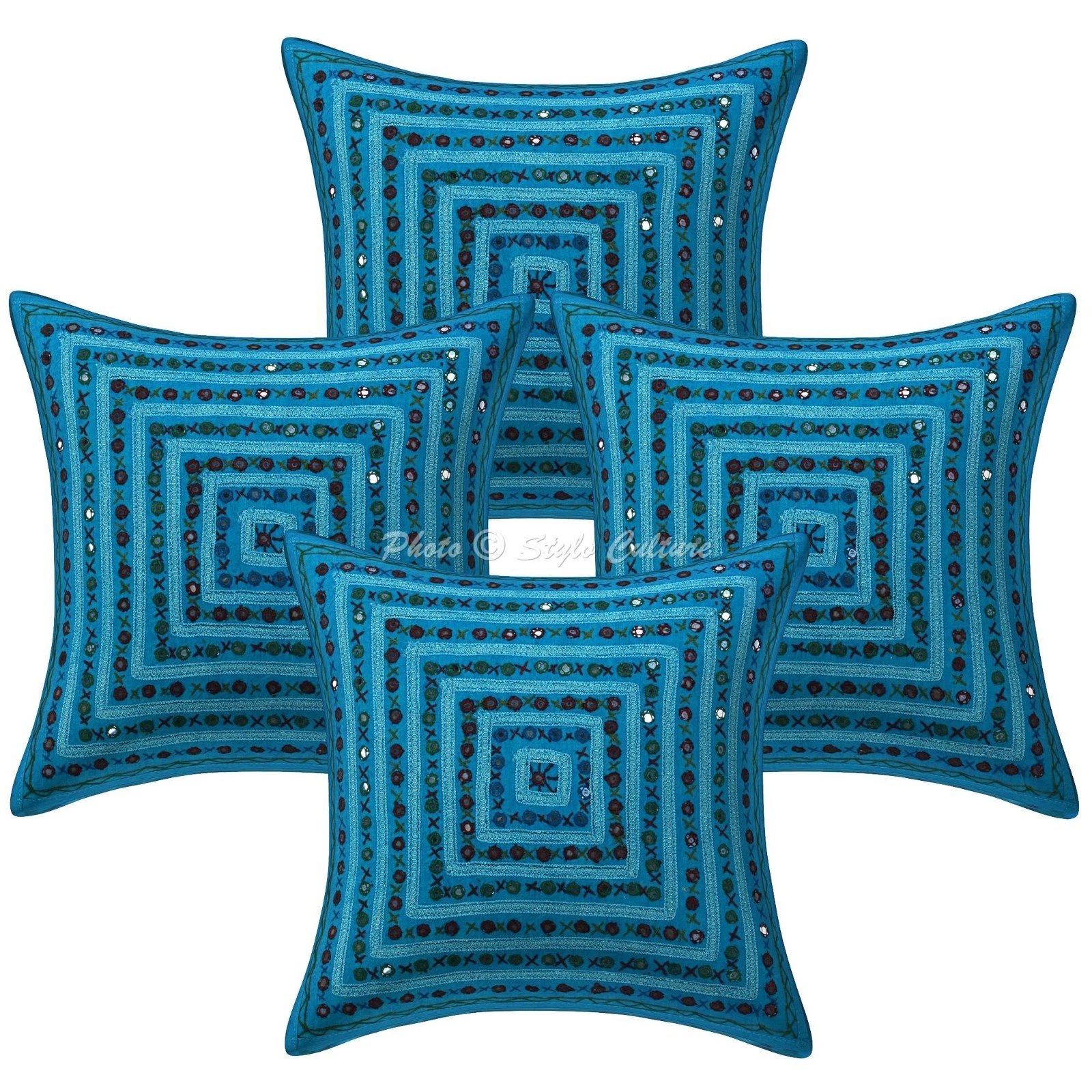 Indian Cotton Throw Pillow Covers Embroidered Mirror Lace Geometric Home Decor