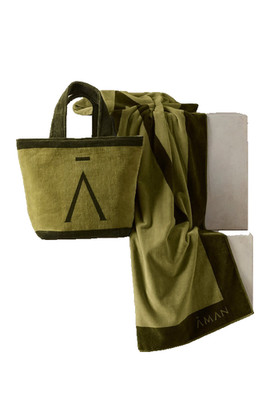 NWT Limited Edition Aman Hotels Luxury Resort Spa Bag Towel VIP Gift Set Green