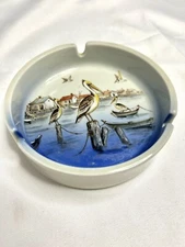 Vintage Otagiri Ceramic Stoneware Ashtray Dish Ocean Wharf Seaside Pelican Japan