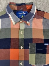 Chubbies Button Shirt Mens Medium Gray Blue Orange Buffalo Plaid Flannel Pocket