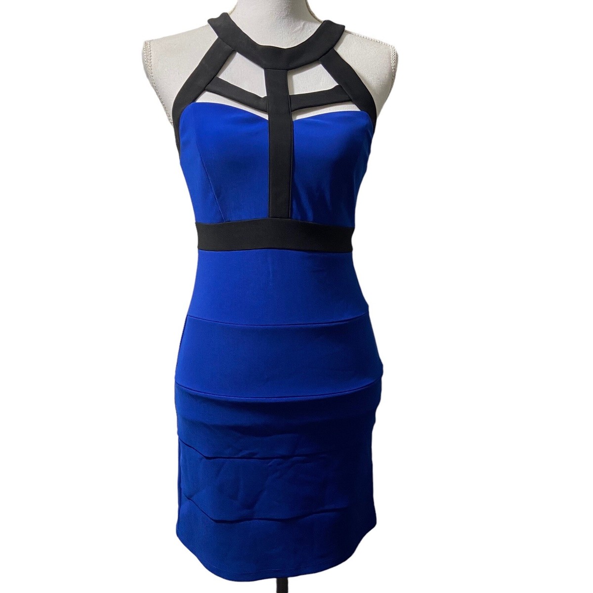 Crystal Doll Women Bodycon Blue Black Halter Top Dress Size 3 Preppy Retro  Glam | eBay