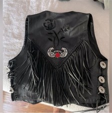 Vintage leather biker fringe vest rose detail  lady rider  XS Harley