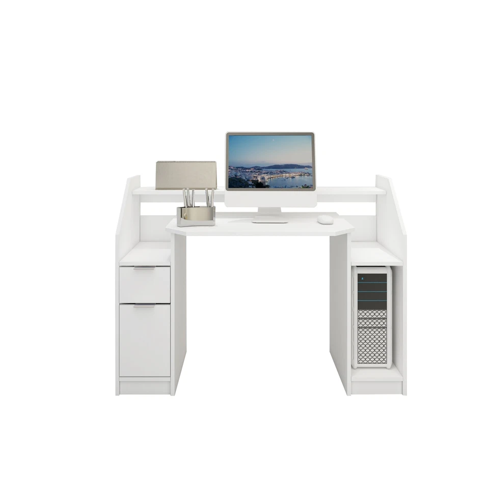 Scrivania per computer tavolo bianco ufficio mobile con cassetto ripiani 120 cm - Immagine 2 di 4