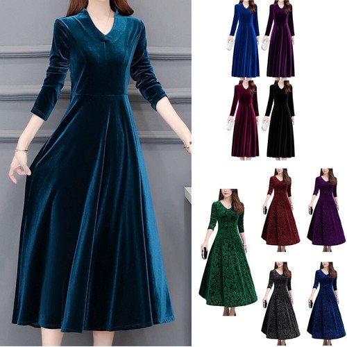 Damen Langarm V Ausschnitt Samt Kleid Elegant Abend Party Swing Kleider - Bild 5 von 80