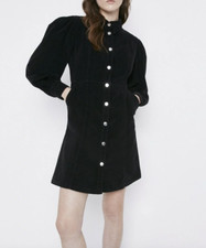 Warehouse Black Corduroy Cord Button Puff Sleeve Mini Shirt Dress Size 10 RP £59