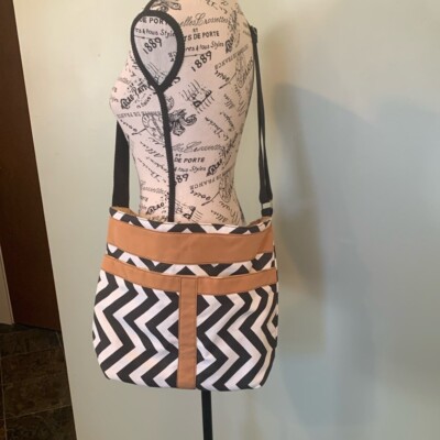 Chevron Patterned Black and White Canvas Adjustable Shoulder Crossbody Bag Tote