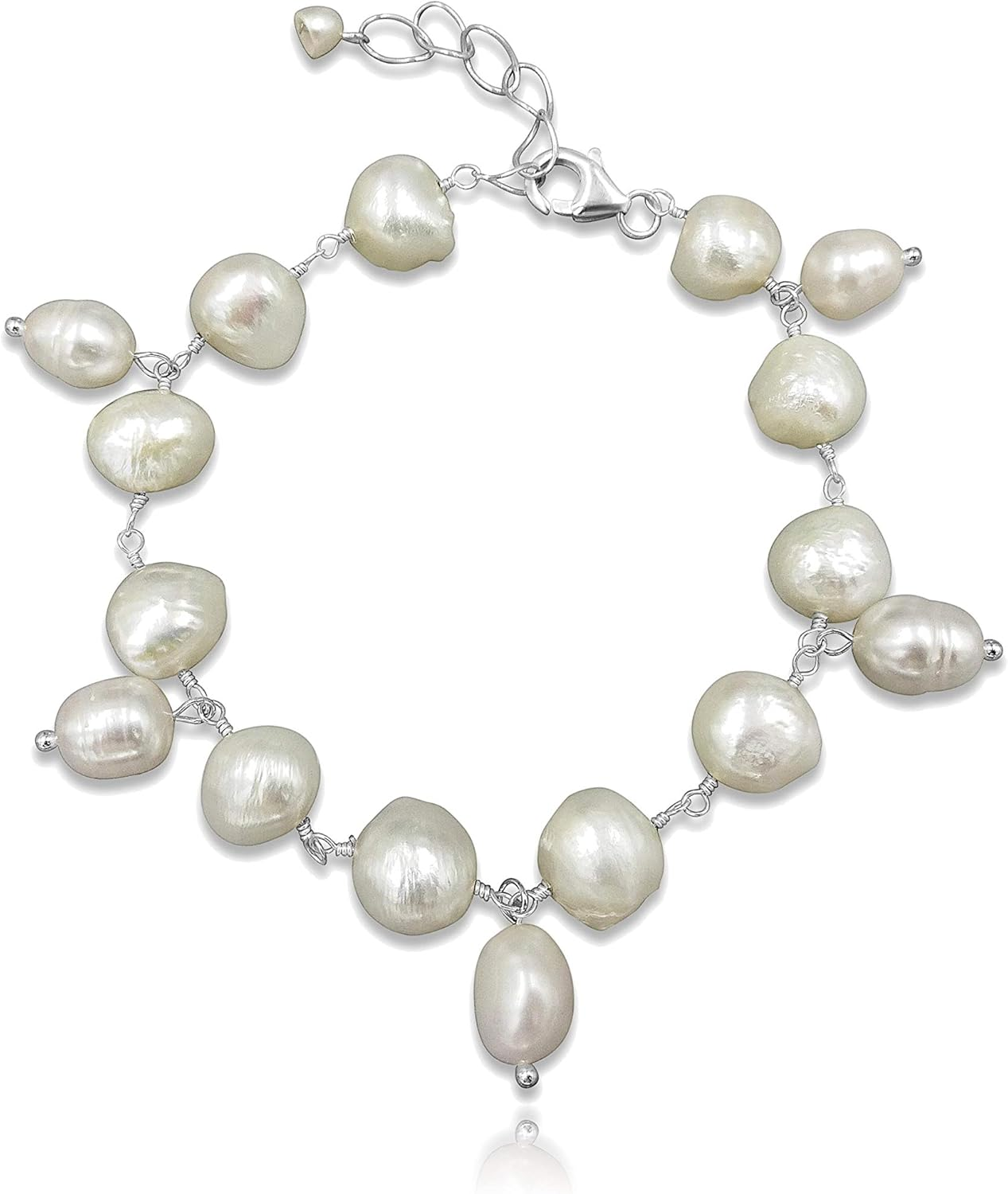 Genuine Cultured Freshwater Pearl Beaded Chain Charm Bracelet for Women