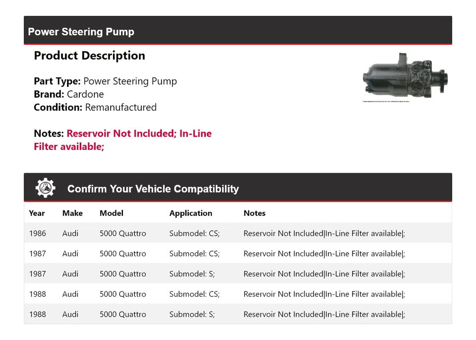 Bomba de dirección asistida Cardone 1987 para Audi 5000 Quattro 1986-1988 Foto 2 de 4