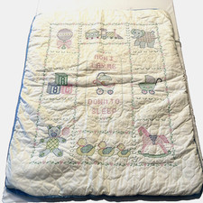 Vtg Baby Blanket Quilt Bedtime Prayer Handmade Embroidered Cross Stitch 32x41