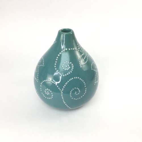 Crate and Barrel Blue Ceramic Stitch Flower Scroll Vase White Dots 4 1/2” Tall - Picture 4 of 12