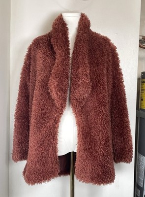 Olivaceous Faux Fur Teddy Coat Rust Brown Open Front Jacket Women s M