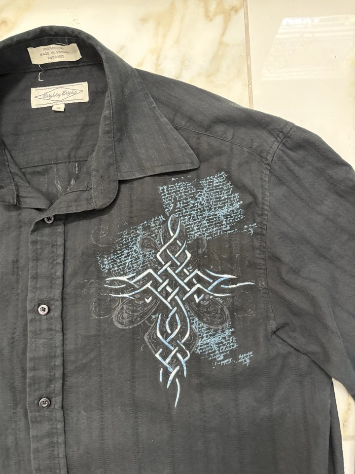 Eighty Eight Archive IfSixWasNine Black Button Up Goth Cross Poem Graphic-M - Image 2 of 4