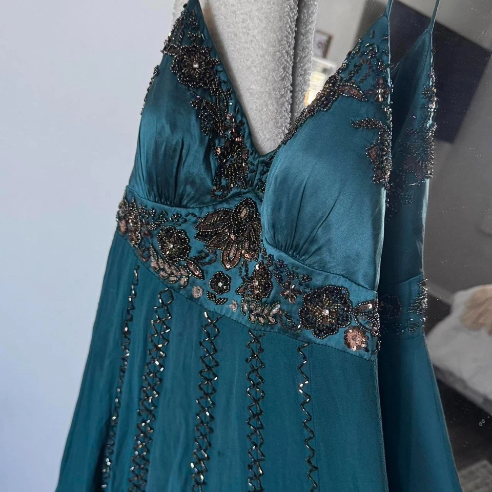 Платье Sue Wong Nocturne Runway Beaded Silk Fairy P/10 бирюзовое | подол носового платка  - Изображение 3 из 4