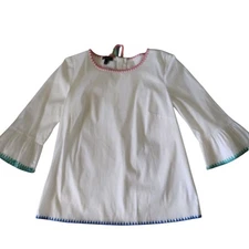 Talbots White Embroidered Trim 3/4 Bell Sleeve White Blouse Tunic Size P