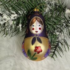 Russian Matryoshka Nesting Doll Blown Glass Christmas Ornament Purple Gold 6"