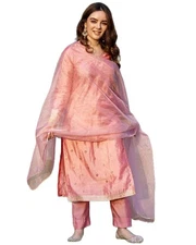 GoSriKi Women's Chanderi Cotton Straight Printed Kurta with Pant & Dupatta