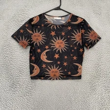 Romwe Y2K Top Womens Large Black Mesh Sheer Crop Top Celestial Sun Moon Stars