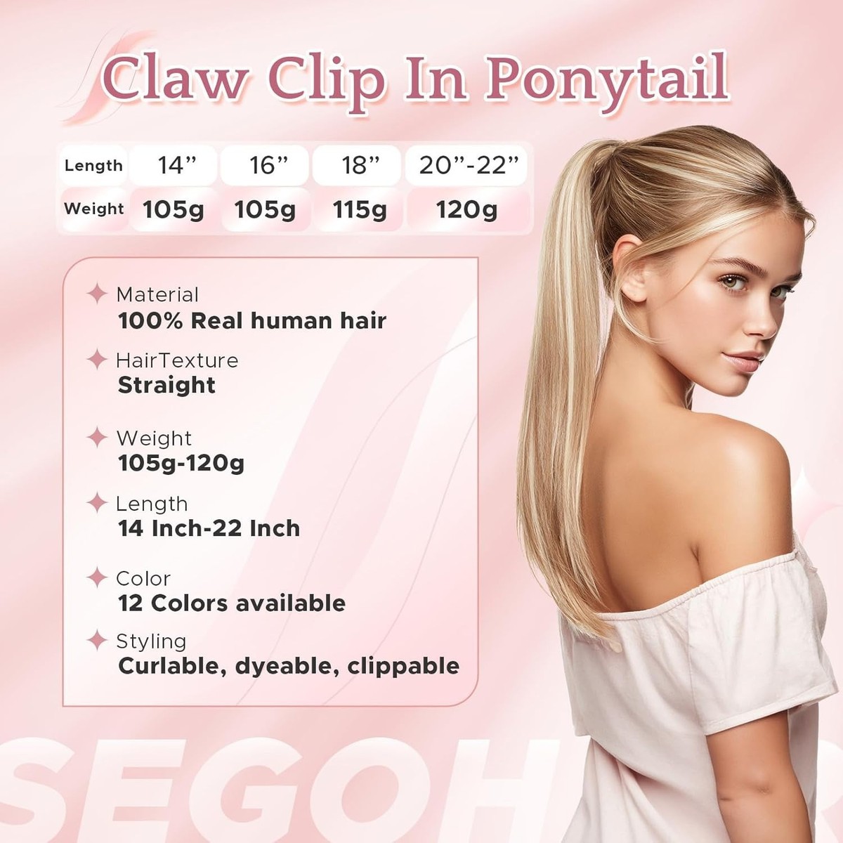 22 Inch Human Hair Ponytail Extension with Claw Clip 120g Straight SEGOHAIR Claw Clip Ponytail Hair Extensions Human Hair, 22  main image 3