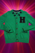 Tommy Hilfiger Youth V Neck Cardigan Sweater Green Cotton M 8-10 Big H Logo