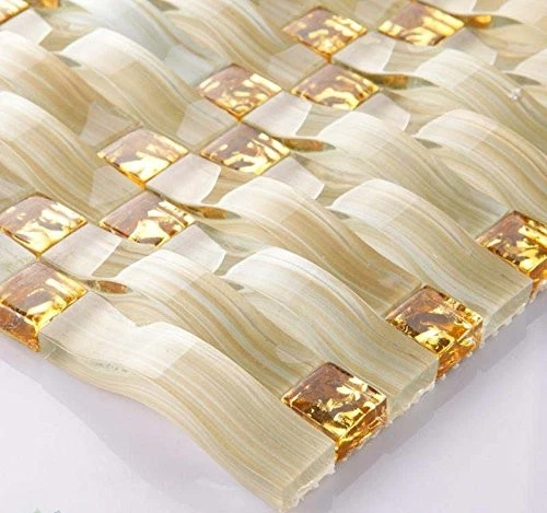 Hoja de mosaico de vidrio dorado beige pintado a mano azulejo de pared brillante con detalles de lámina... Foto 3 de 4