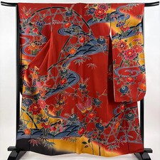 Furisode Kimono Silk Red M Used Long Sleeve Japan Traditional Dress